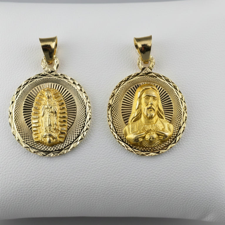 14K Gold Double-Sided Religious Medal - Virgen of Guadalupe & Sacred Heart
