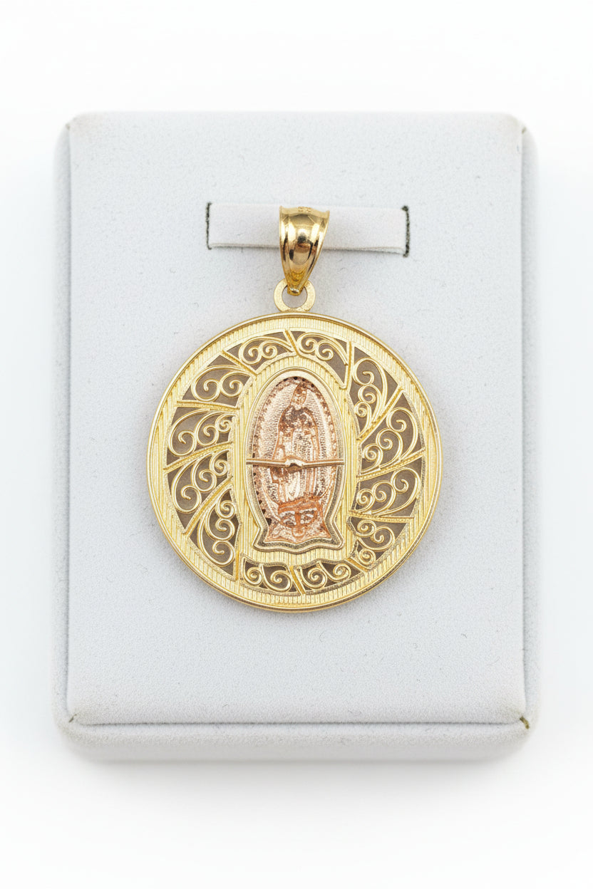 14K Gold Virgin of Guadalupe Circular Medal with Loop