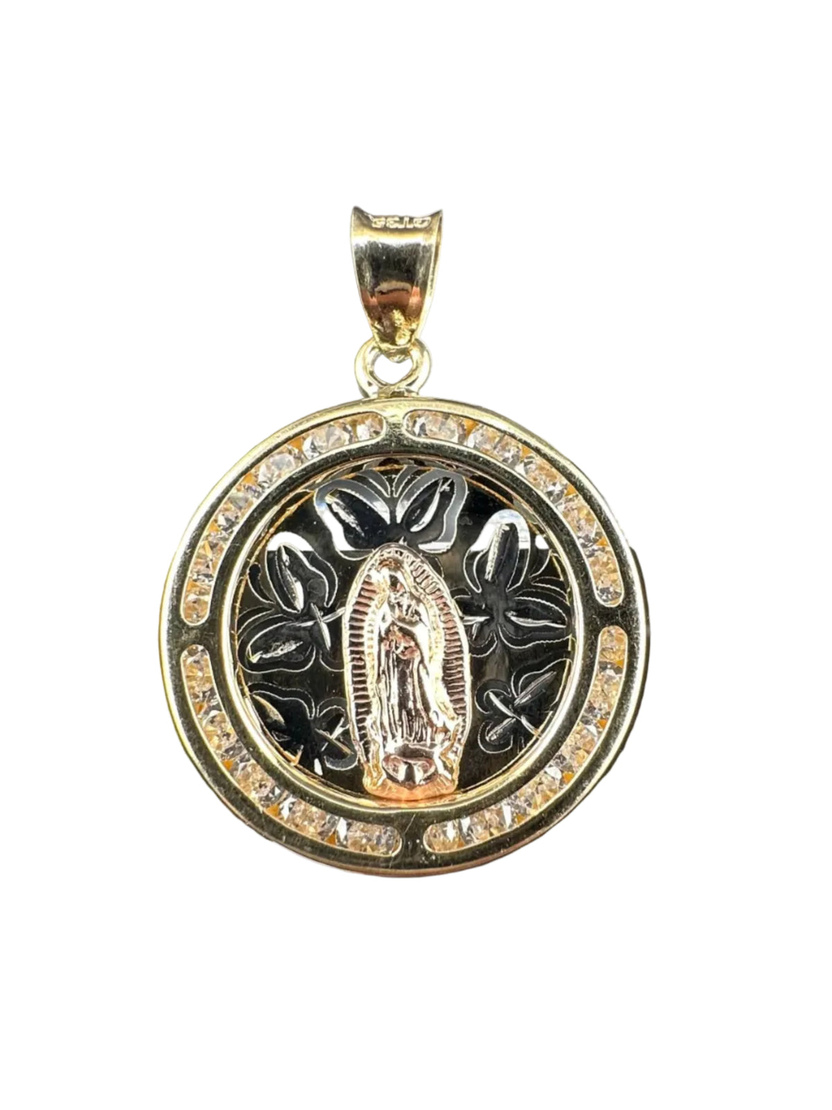 14K Gold Virgin of Guadalupe Medal - Cubic Zirconia Round Pendant