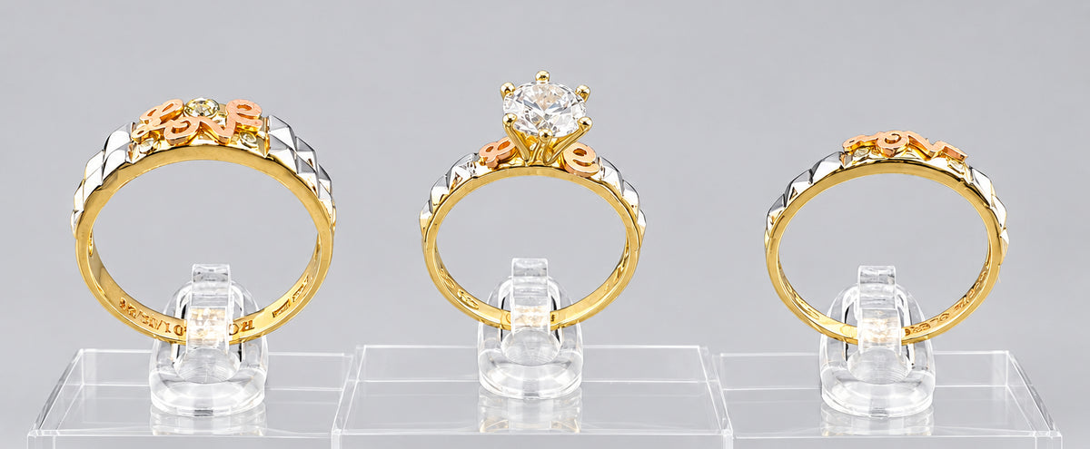 14K Tri-Color Gold Wedding Ring Set with Cubic Zirconia