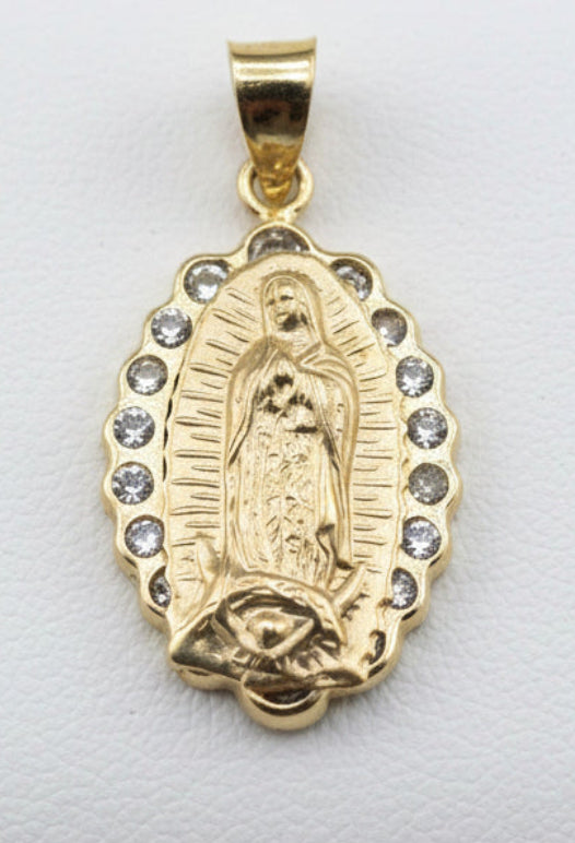 14K Gold Oval Virgin of Guadalupe Medal Cubic Zirconia