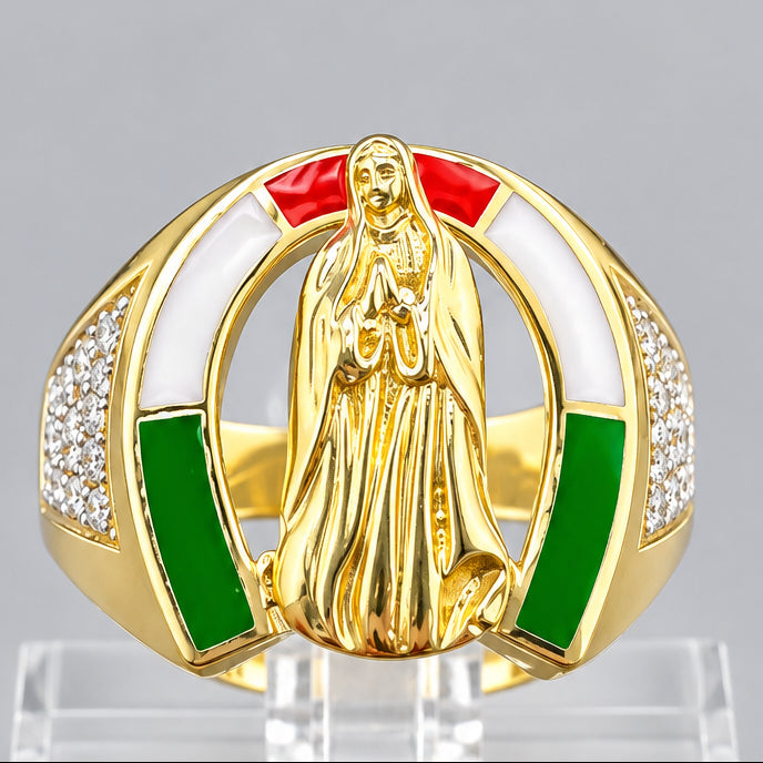14kt Gold Horseshoe Ring with Virgin of Guadalupe C.Z
