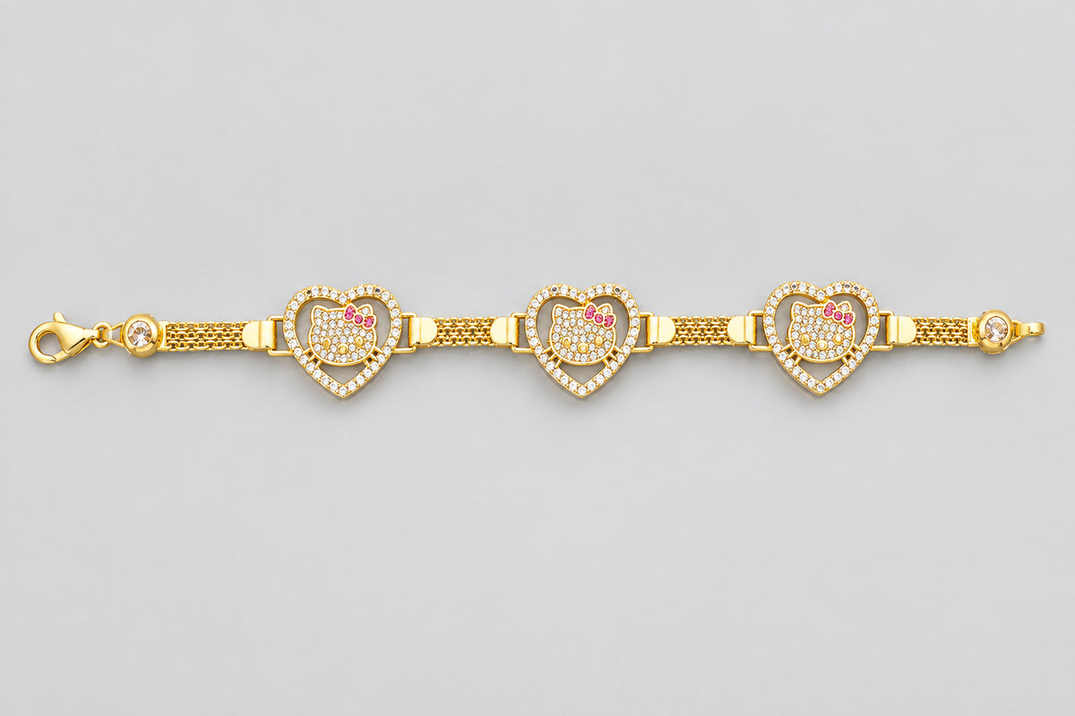 14KT Gold Happy Little Cat Bracelet/Cubic Zirconia