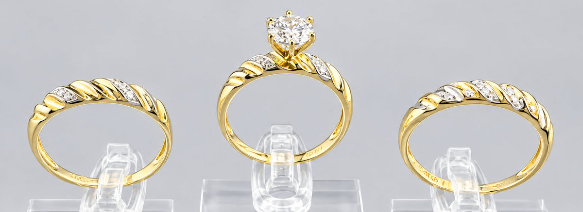 14K Two-Tone Gold Trio Wedding Ring Set with Cubic Zirconia