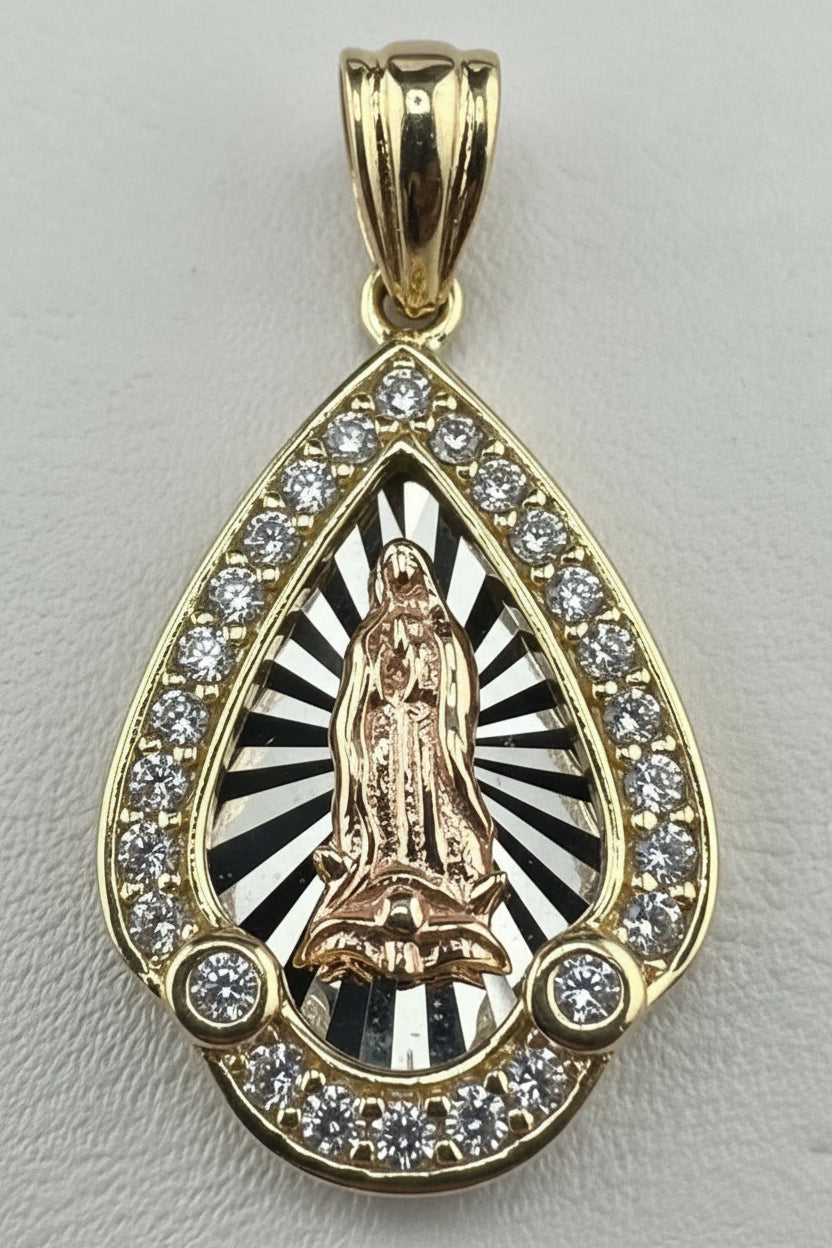 14K Gold Virgin of Guadalupe Drop Pendant - Two-Tone Rose and Yellow Gold