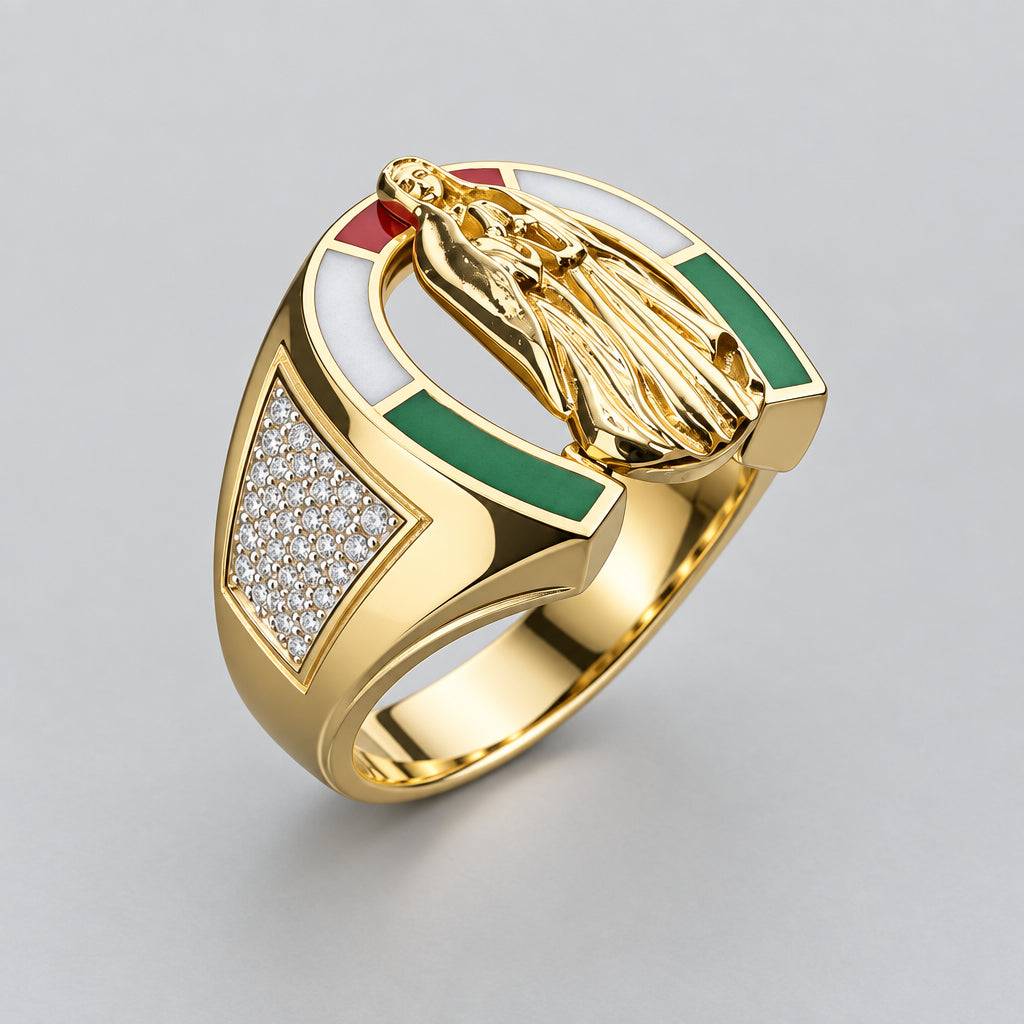 14kt Gold Horseshoe Ring with Virgin of Guadalupe C.Z