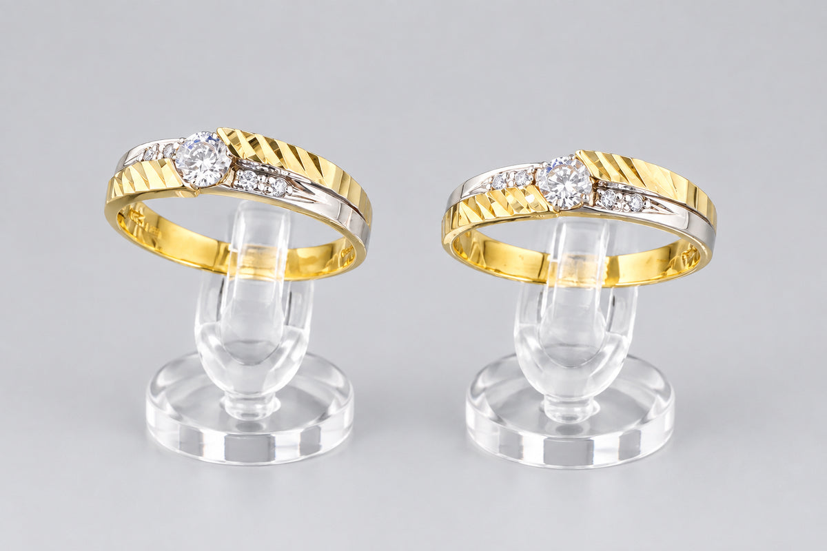 Two-Tone 14K Gold Wedding Duo Ring Set with Cubic Zirconia