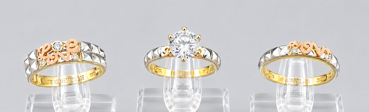 14K Tri-Color Gold Wedding Ring Set with Cubic Zirconia