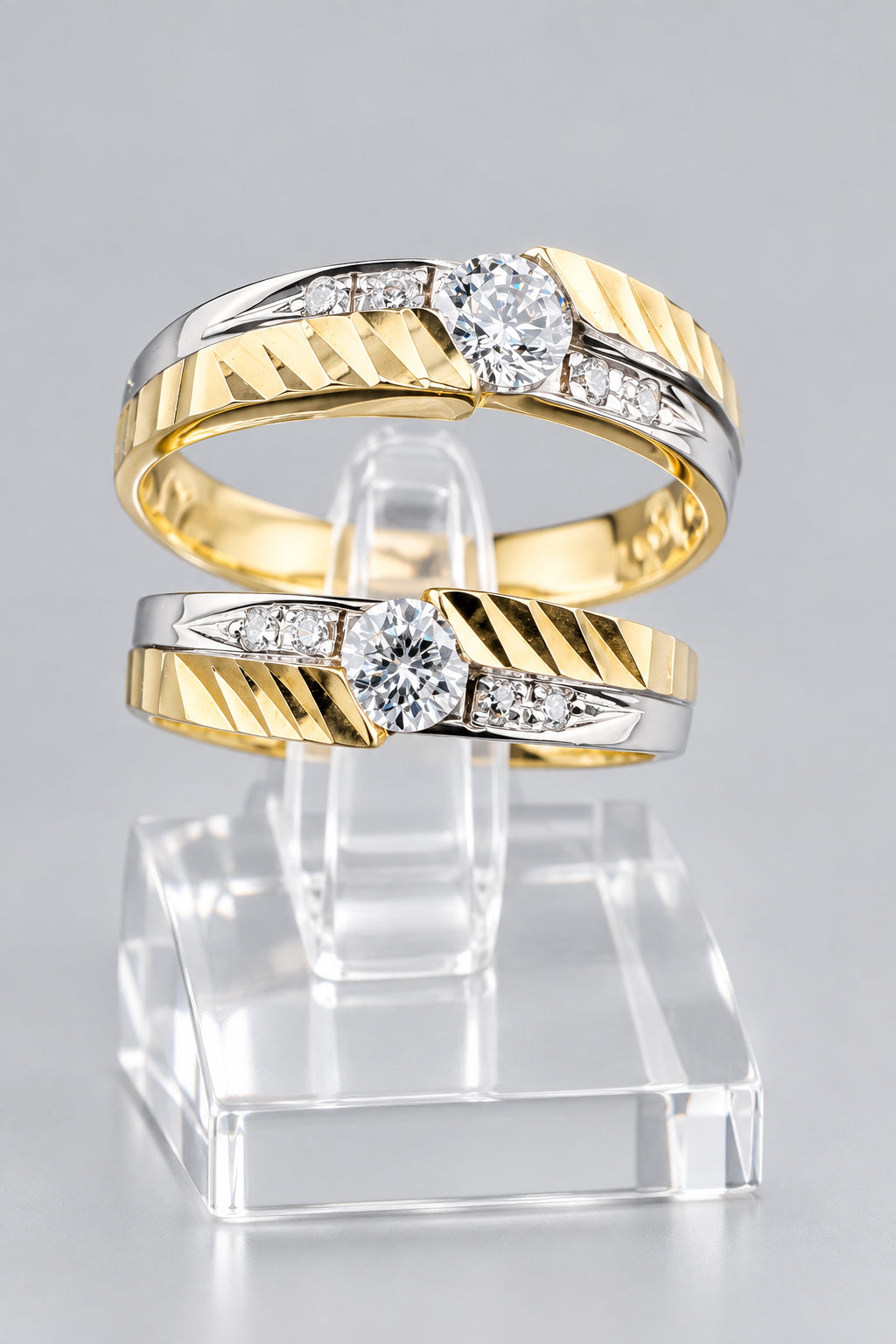 Two-Tone 14K Gold Wedding Duo Ring Set with Cubic Zirconia