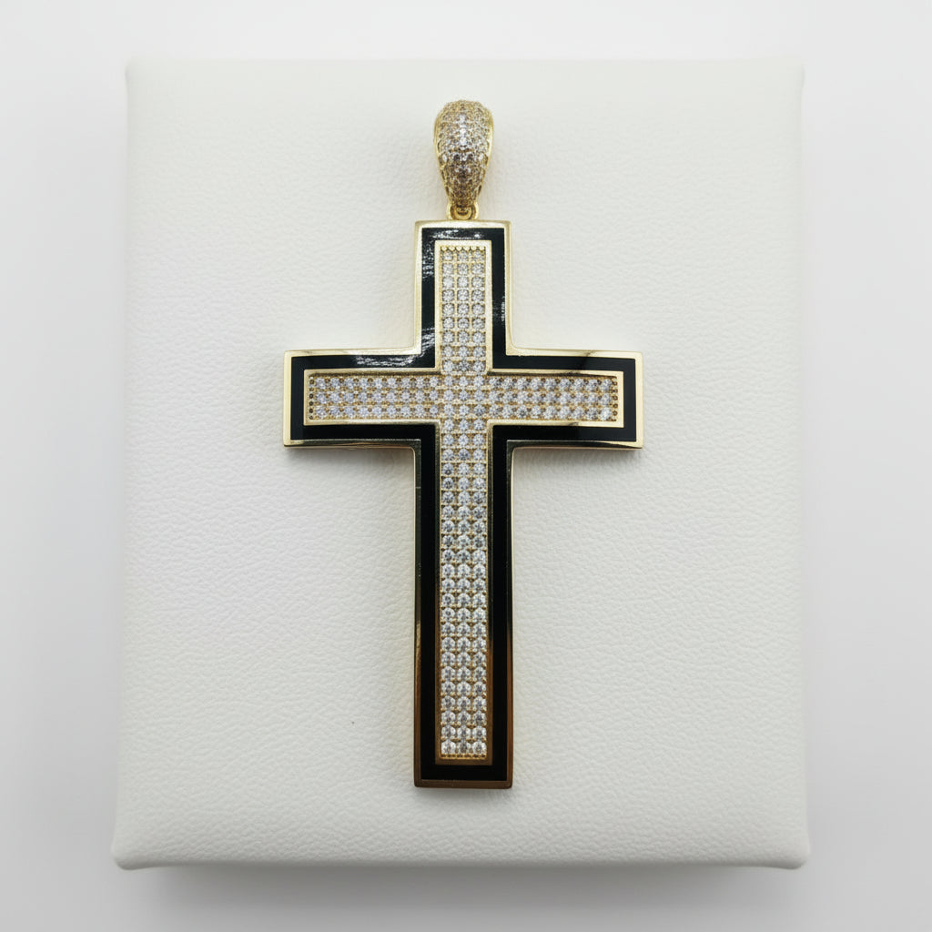 14kt Gold Religious Cross Pendant with C.Z & Onyx