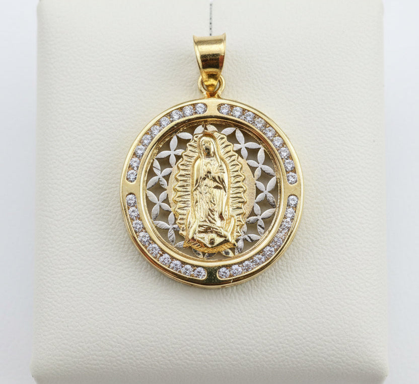 14KT Gold Round Medal with Two-Tone CZ - Virgin of Guadalupe