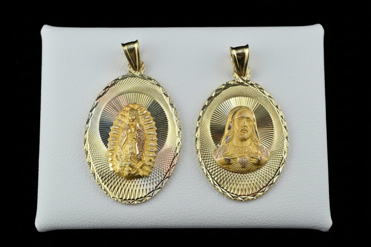 Solid 14K Gold Two - Sided Guadalupe & Sacred Heart Medal Pendant - 35x25mm / 5.53g
