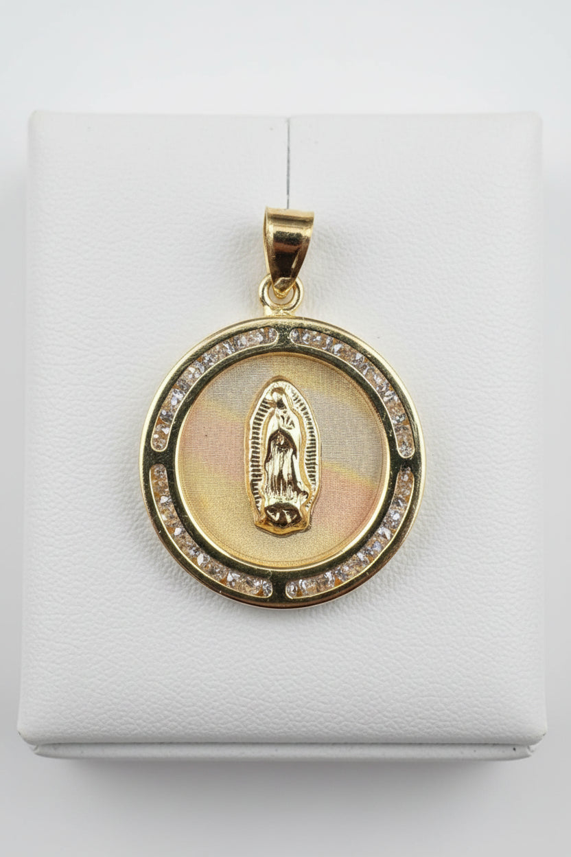 14K Gold Our Lady of Guadalupe Medal with Cubic Zirconia