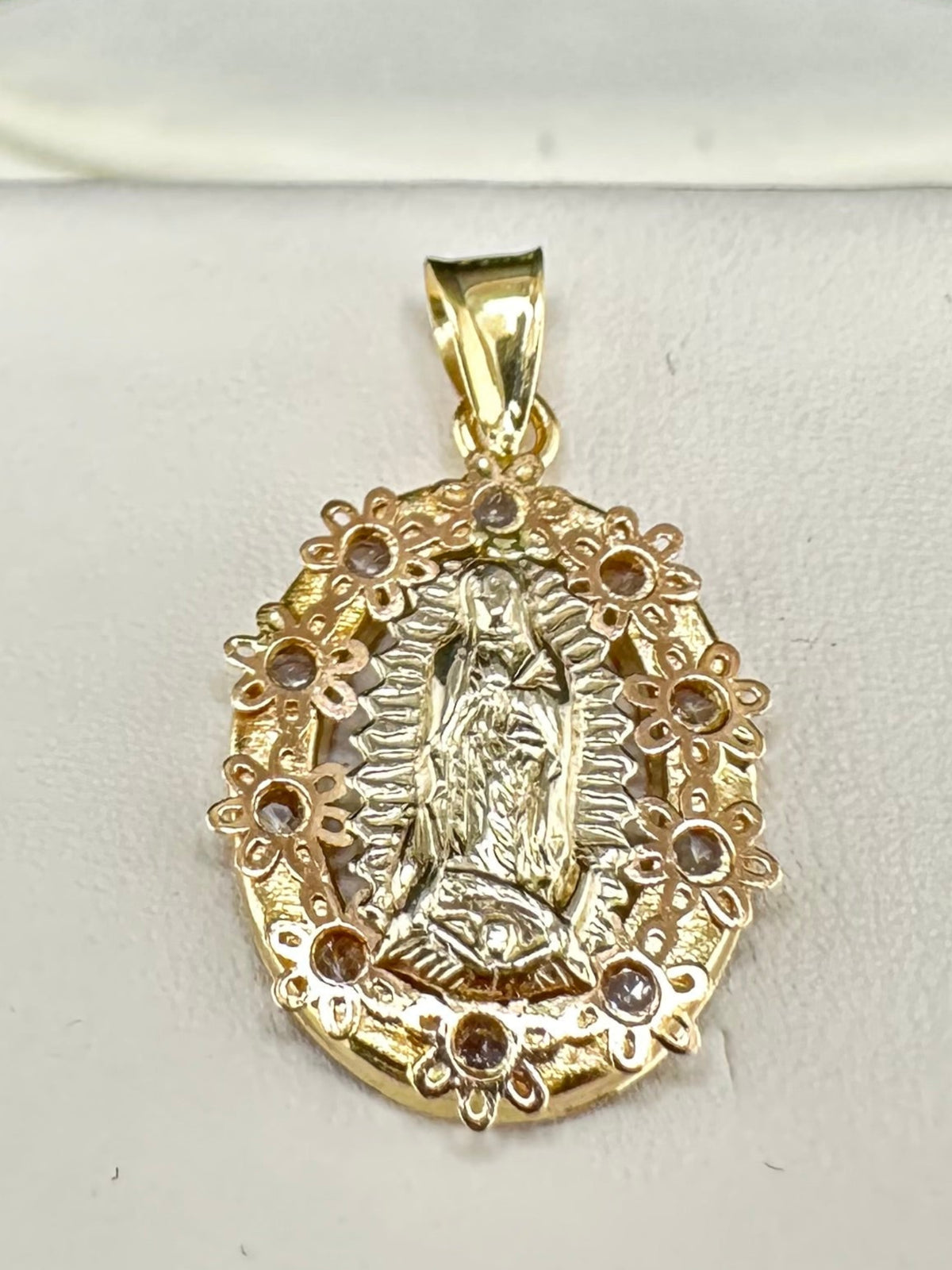 14K Tri-Color Virgin of Guadalupe Oval Medal CZ