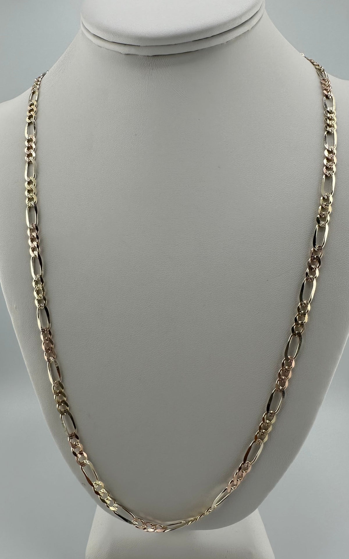 14kt Tri-Color Figaro Gold Chain - White, Yellow, and Rose Gold-26"