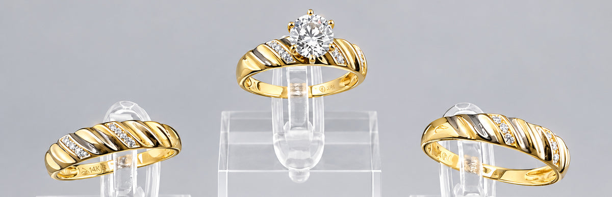 14K Two-Tone Gold Trio Wedding Ring Set with Cubic Zirconia