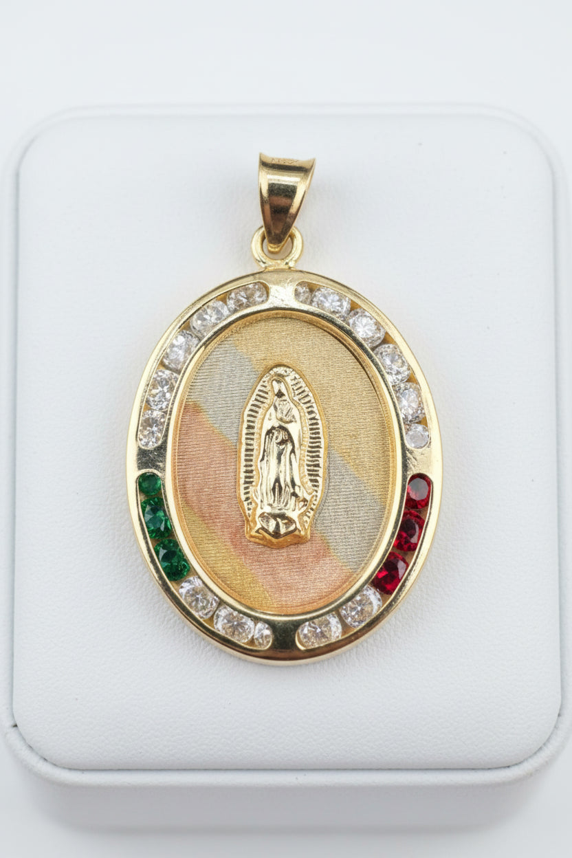 14K Gold Virgin of Guadalupe Medal with Cubic Zirconia