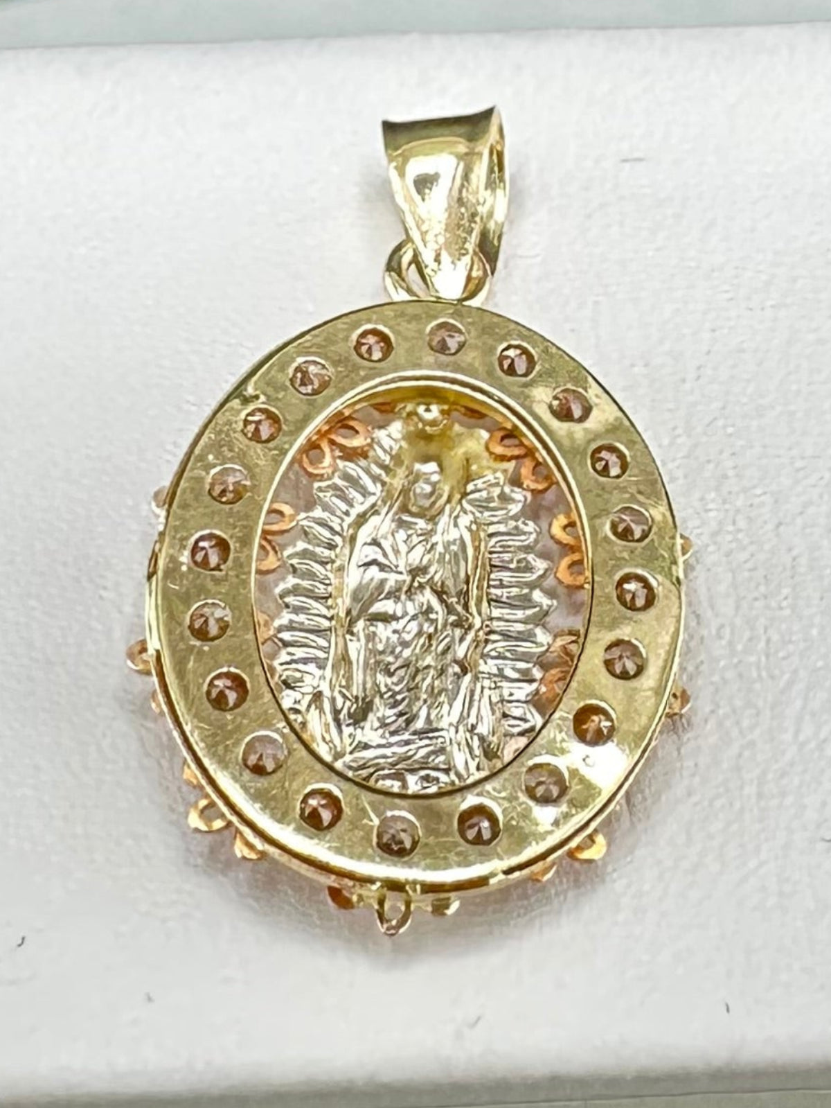 14K Tri-Color Virgin of Guadalupe Oval Medal CZ