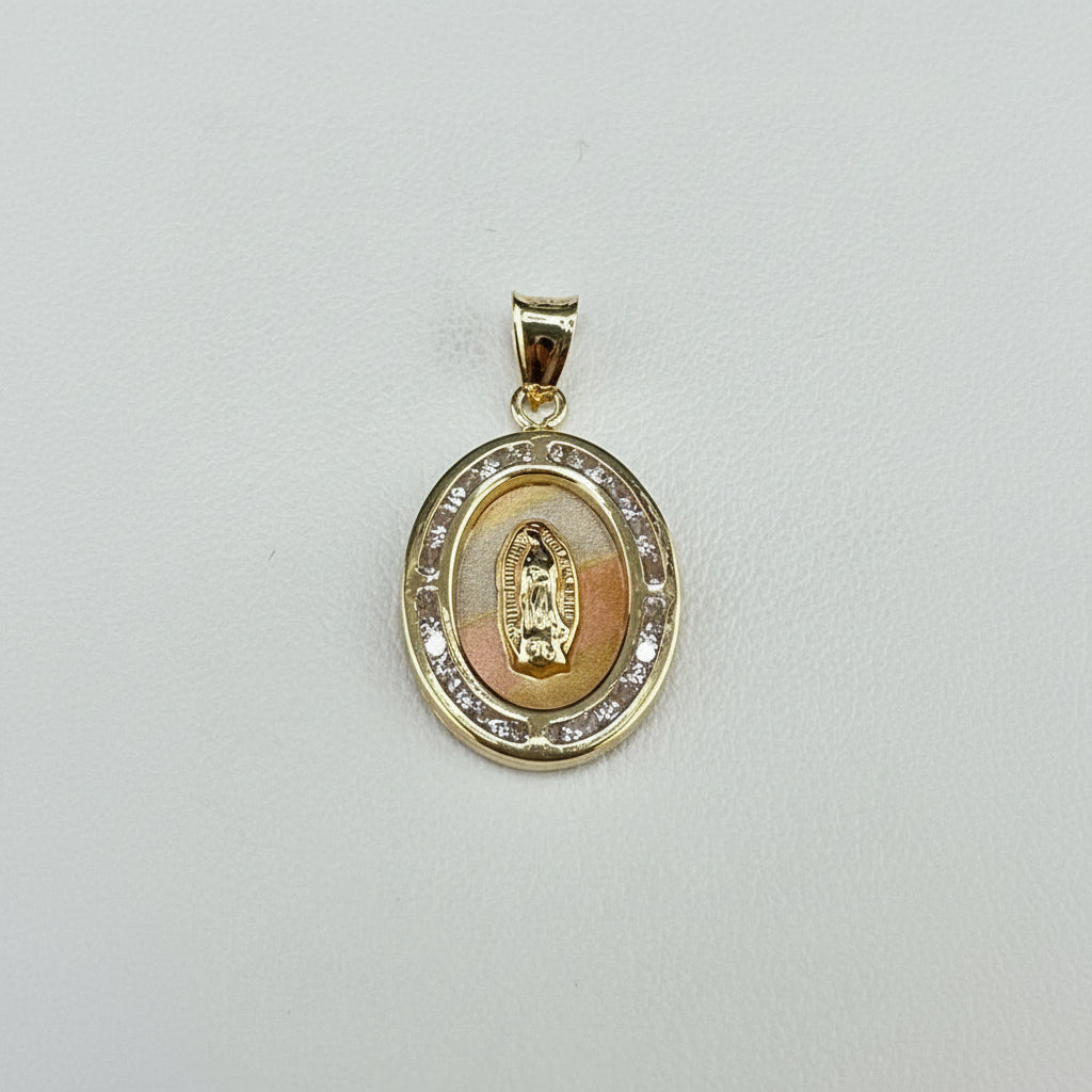 14K Gold Three-Tone Virgin of Guadalupe Oval Medal with Cubic Zirconia