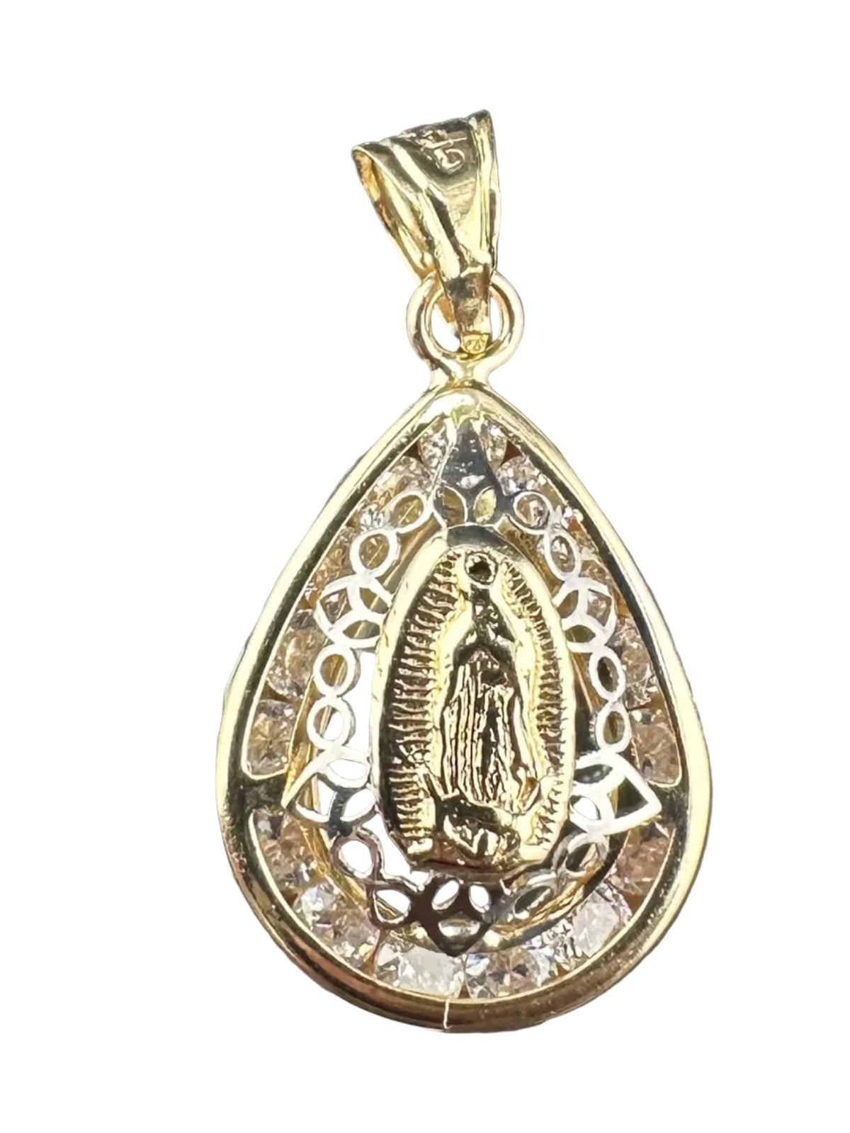 14K Gold Virgin of Guadalupe Drop Pendant