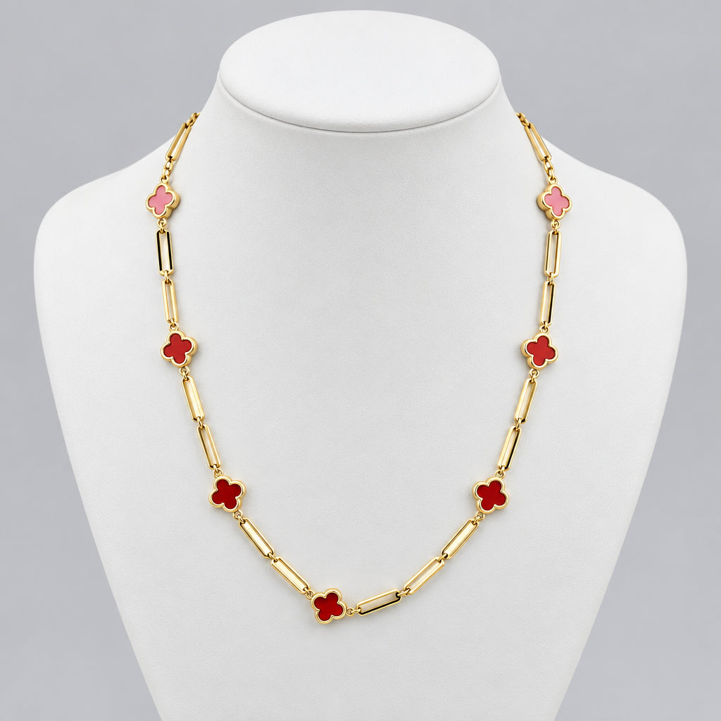14K Two-Tone Gold Floral-Style Necklace – Red & Black