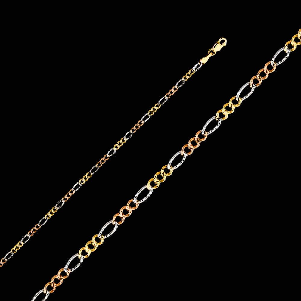 14kt Tri-Color Figaro Gold Chain - White, Yellow, and Rose Gold-22"