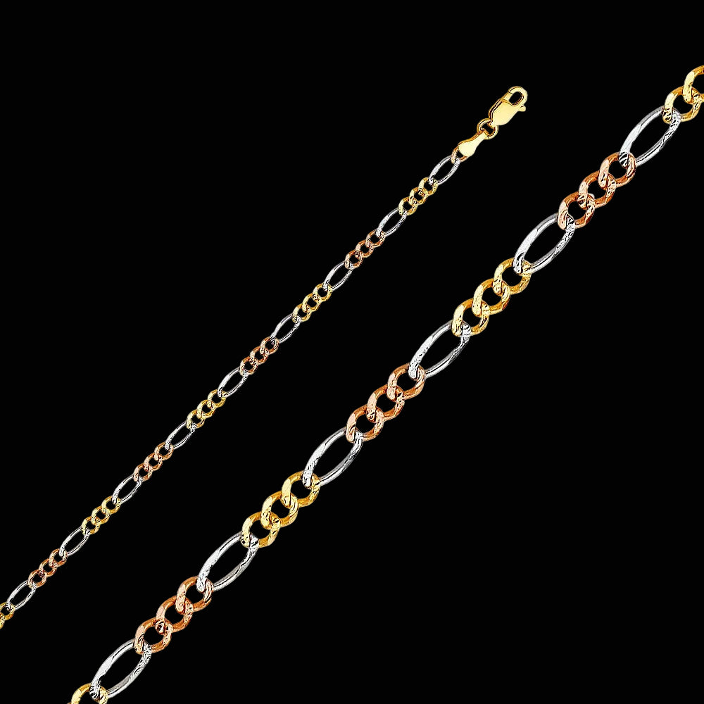 14kt Tri-Color Figaro Gold Chain - White, Yellow, and Rose Gold-18"