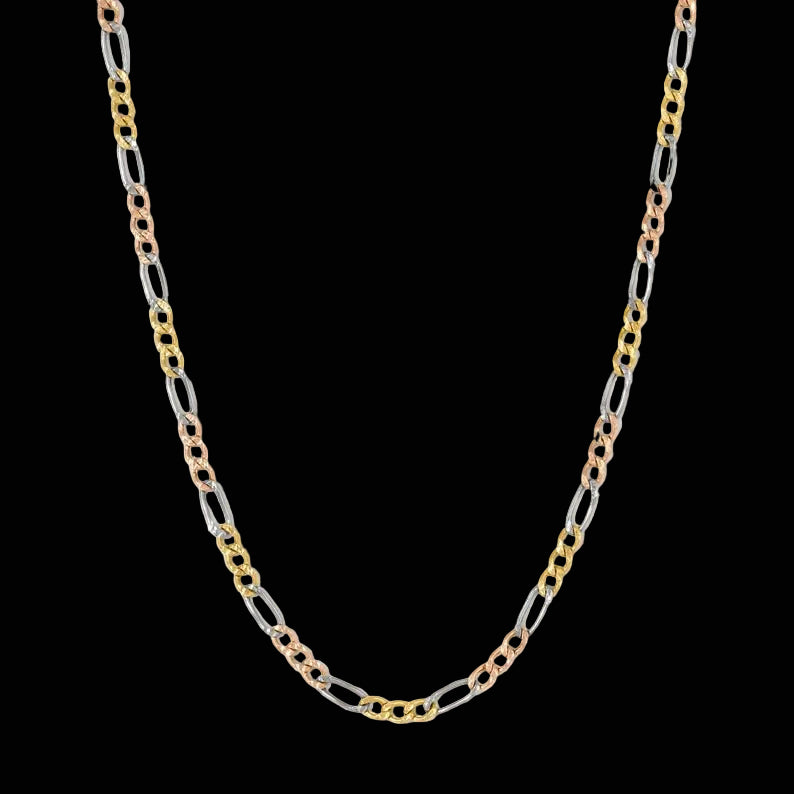 14kt Tri-Color Figaro Gold Chain - White, Yellow, and Rose Gold-18"