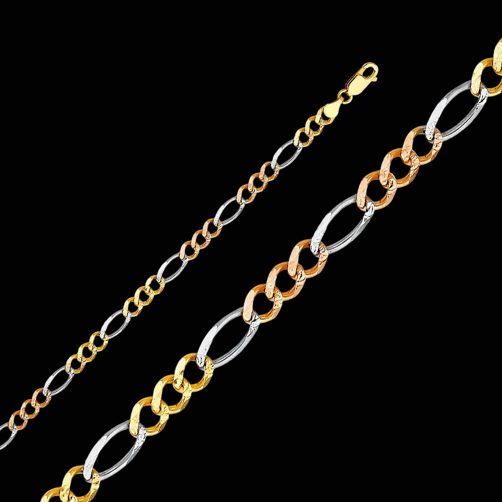 14kt Tri-Color Figaro Gold Chain - White, Yellow, and Rose Gold-26"